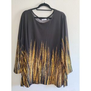Susan Graver Women 3X Black Yellow Abstract Slinky Jersey Tunic Top Long Sleeve